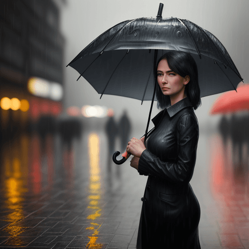 AI generated: a woman standing in the rain holding an umbrella, a photorealistic painting by Alexander Kanoldt, fe...