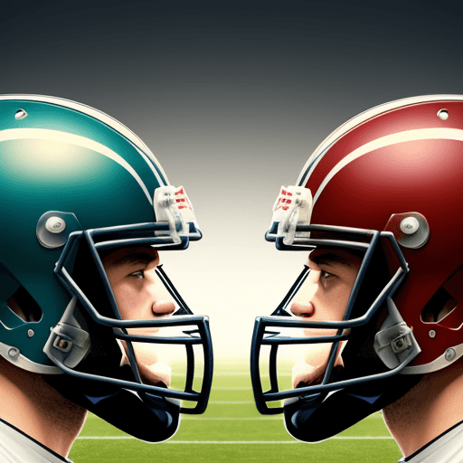 AI generated: front view of American football players side by side, all wearing helmets
