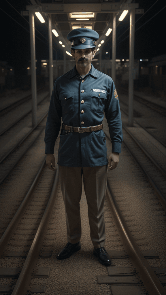 AI generated: An Obnoxious person wearing Fresh Exclusive Georgette Railroad conductor uniform, 4K photography, Wi...