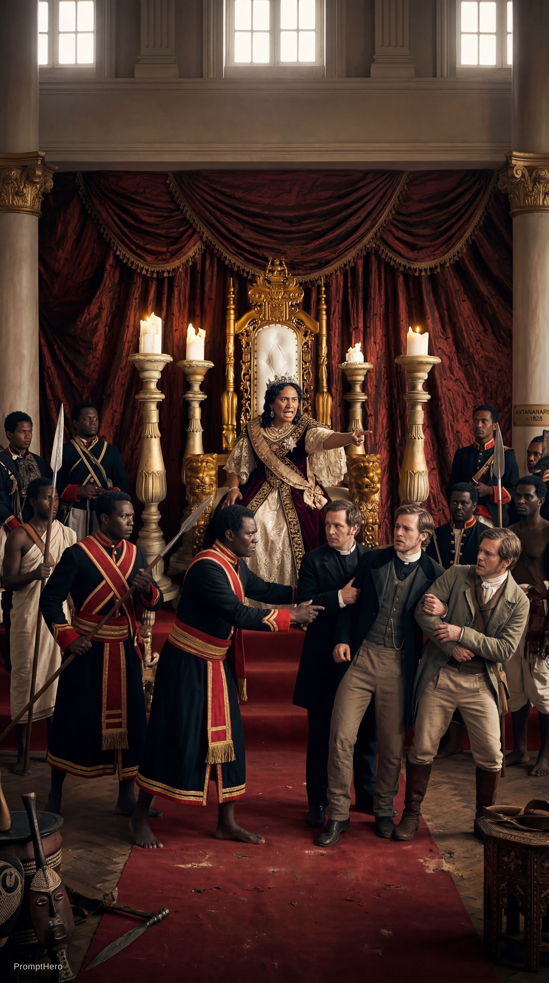 AI generated: mad queen of madagascar banishes christian missionaries in 1828 on her royal throne. She points a fi...