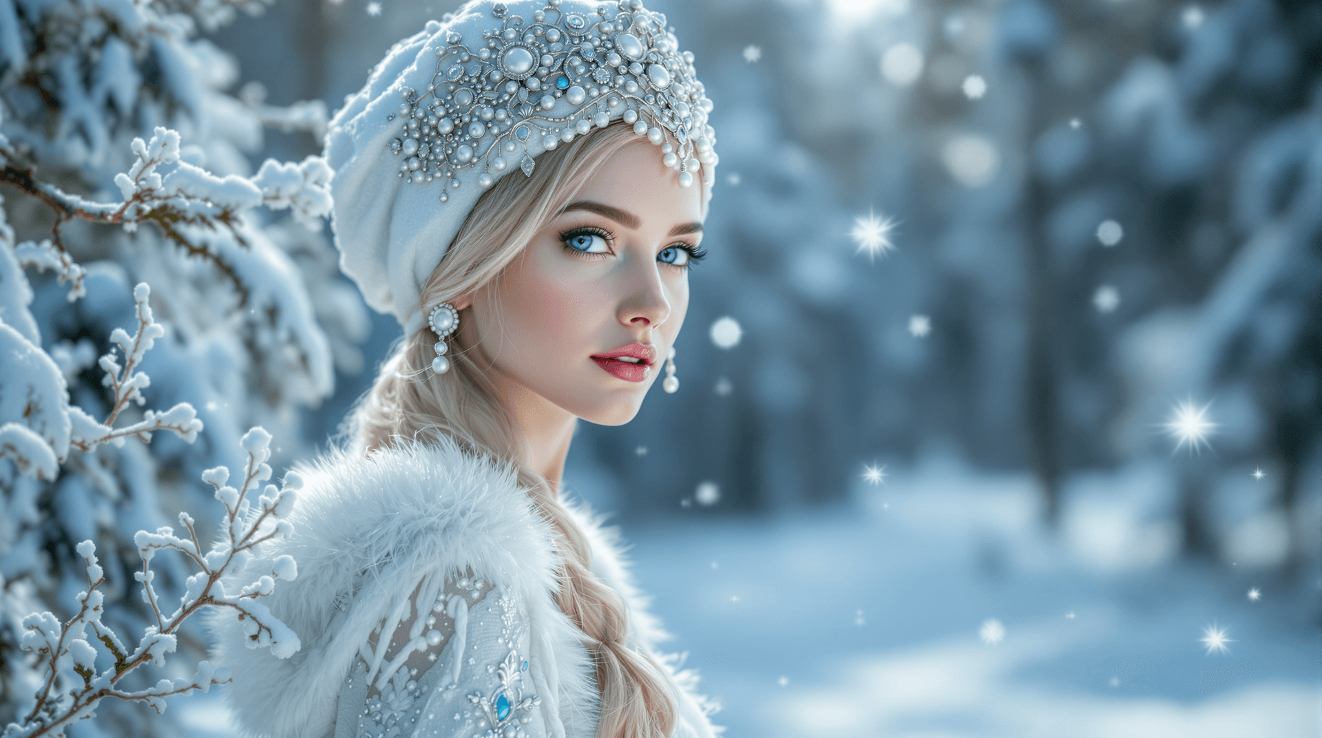 AI generated: A girl in the image of the Snow Maiden, in a kokoshnik embroidered with pearls and silver, with blue...