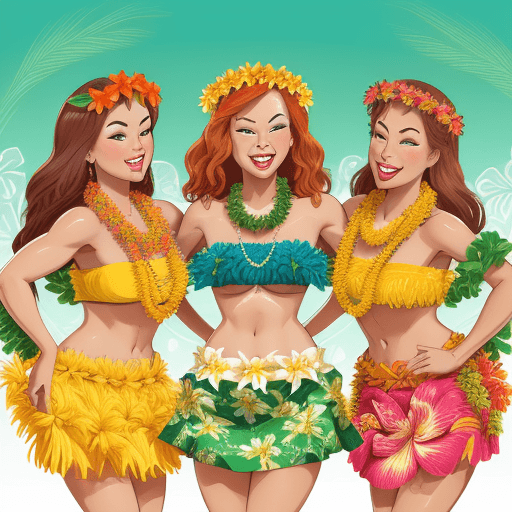 AI generated: Three beautiful, hawaiian hula dancers, laughing, grass skirts, Layseri Hawaiian Luau Flower Leis Ju...