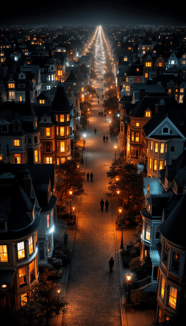 AI generated: An eagle eye view of a Victorian town with a cobblestone street stretching infinitely into the night...