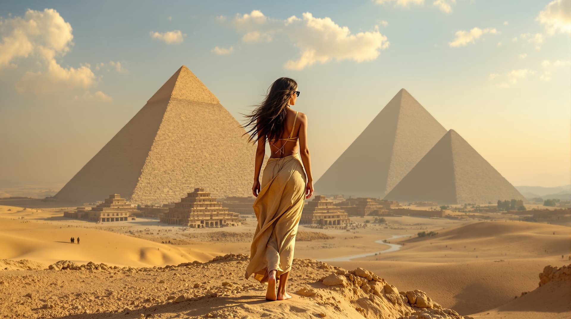 AI generated: withthe pyramids and the nil valley on her backsa full body view hot egyptian girl, barefoot, show f...