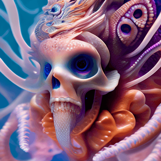 AI generated: Goddess close-up portrait ribcagel. jellyfish phoenix head, nautilus, orchid, skull, betta fish, bio...