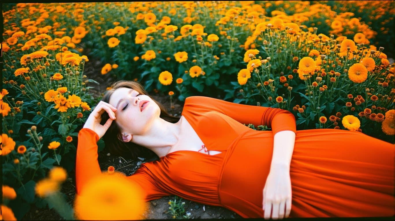 AI generated: Kodak disposable photography of beautiful fashion model with orange dress, laying on orange flower b...