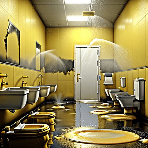 AI generated: ((((In a hypothetical alternate earth where all water is golden yellow in color, a public men's rest...