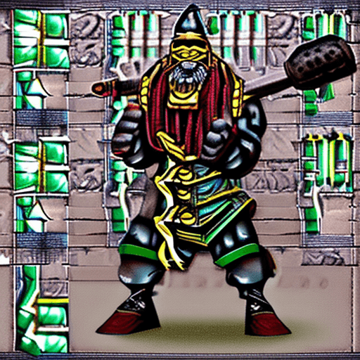 AI generated: Dwarven warrior with a scared face carrying a warhammer