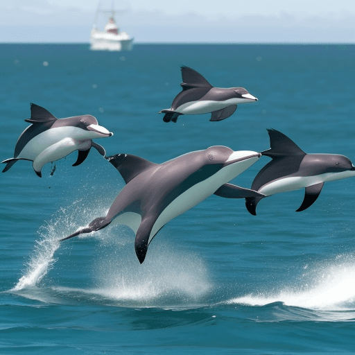 AI generated: DELFINES AZULES EN EL MAR ABIERTO, gaviotas volando sobre los botes