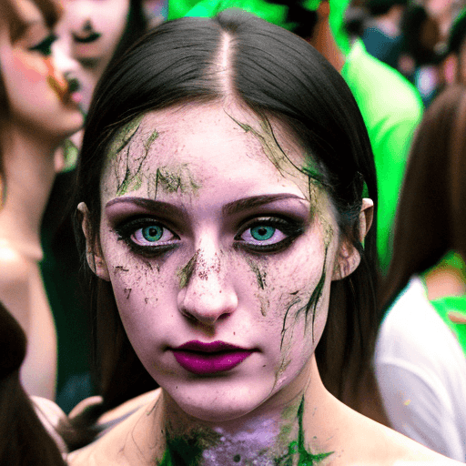 AI generated: 8k, naked 20 year old black haired girl, full body, green eyes, at ((crowded party)), heavy makeup, ...