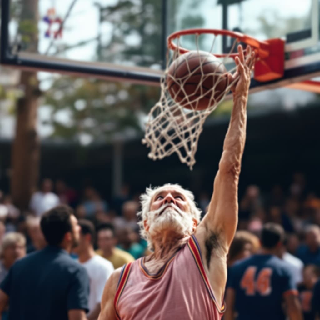 AI generated: the oldest person in the world hitting the best slam dunk ever