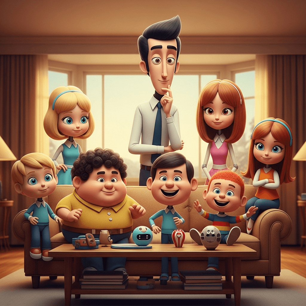 AI generated: The Brady Bunch but they are NOT humans it is a super high tech family of extremely cute AI powered ...