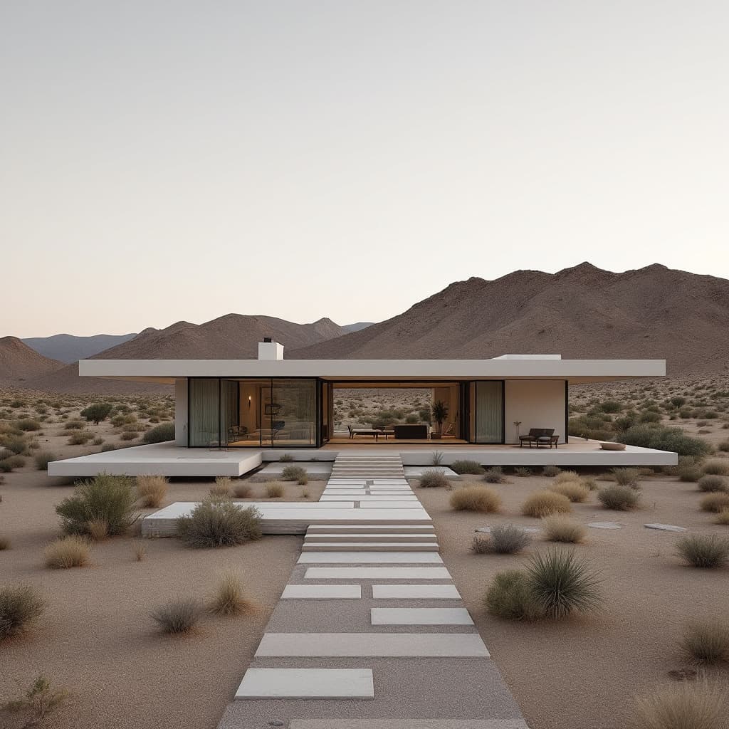 AI generated: 
minimalist modern villa in Mojave desert, archdaily front page, award-winning design, ultra realist...
