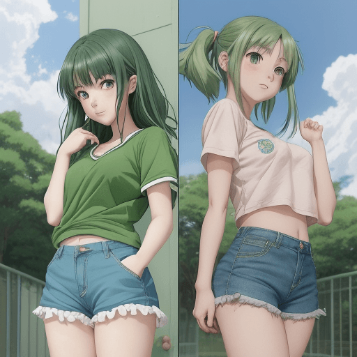 AI generated: anime girl in green shirt and blue shorts posing for picture, by Kose Kanaoka, anime visual of a cut...