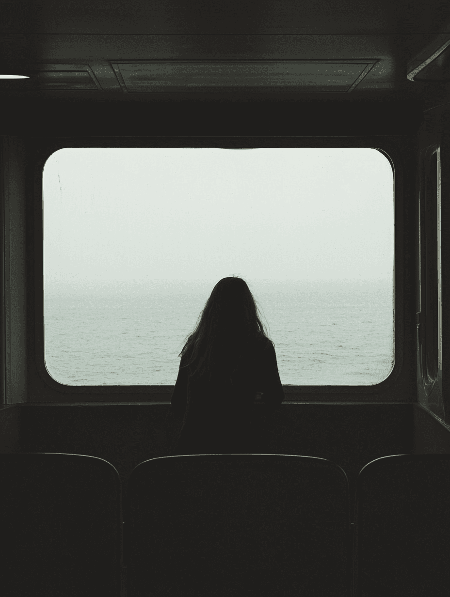 AI generated: A woman sits in the window of an empty cruise ship, gazing out at the sea. The photo is taken from b...