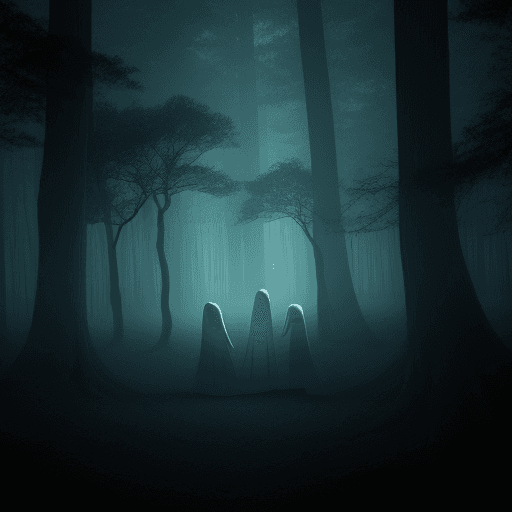 AI generated: ghosts in a dark forest by the sea