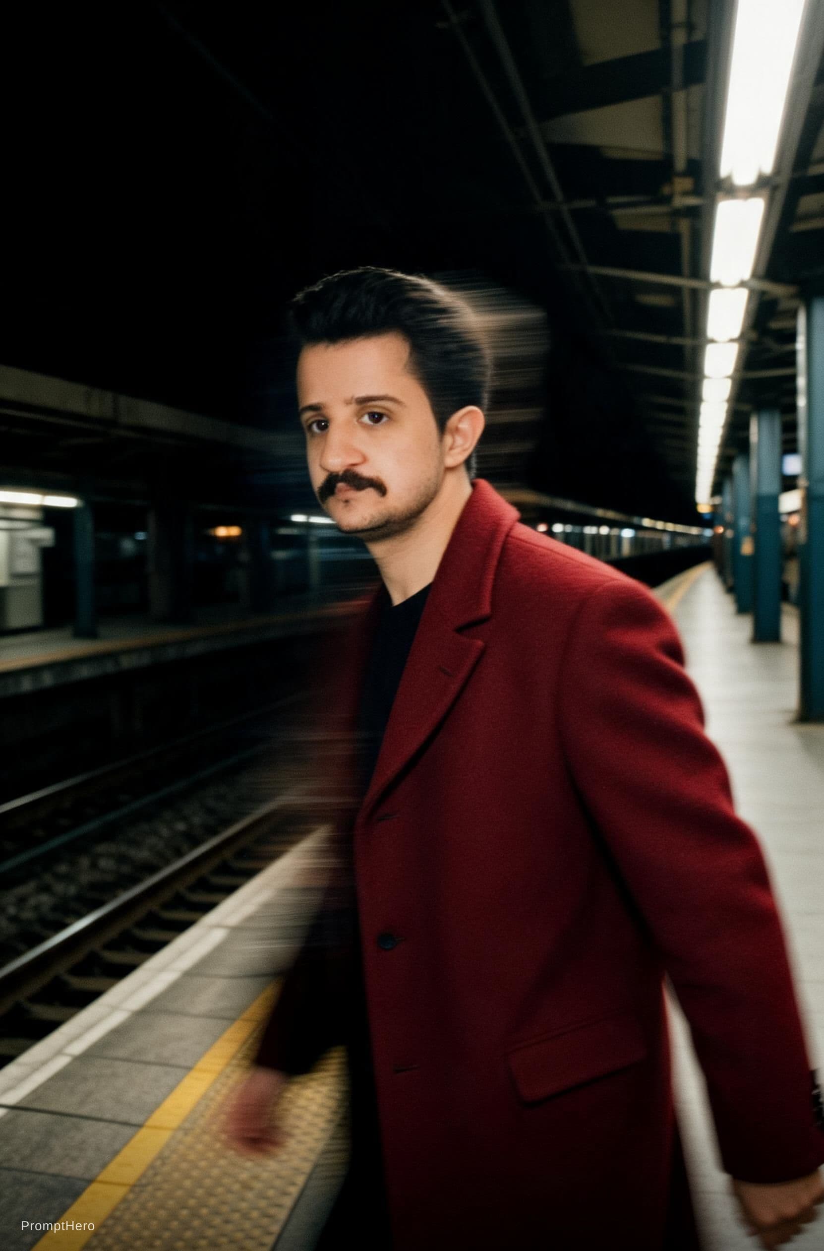 AI generated: fashion editorial photography, motion blur, male model, wearing an wool coat, deep red color, walkin...