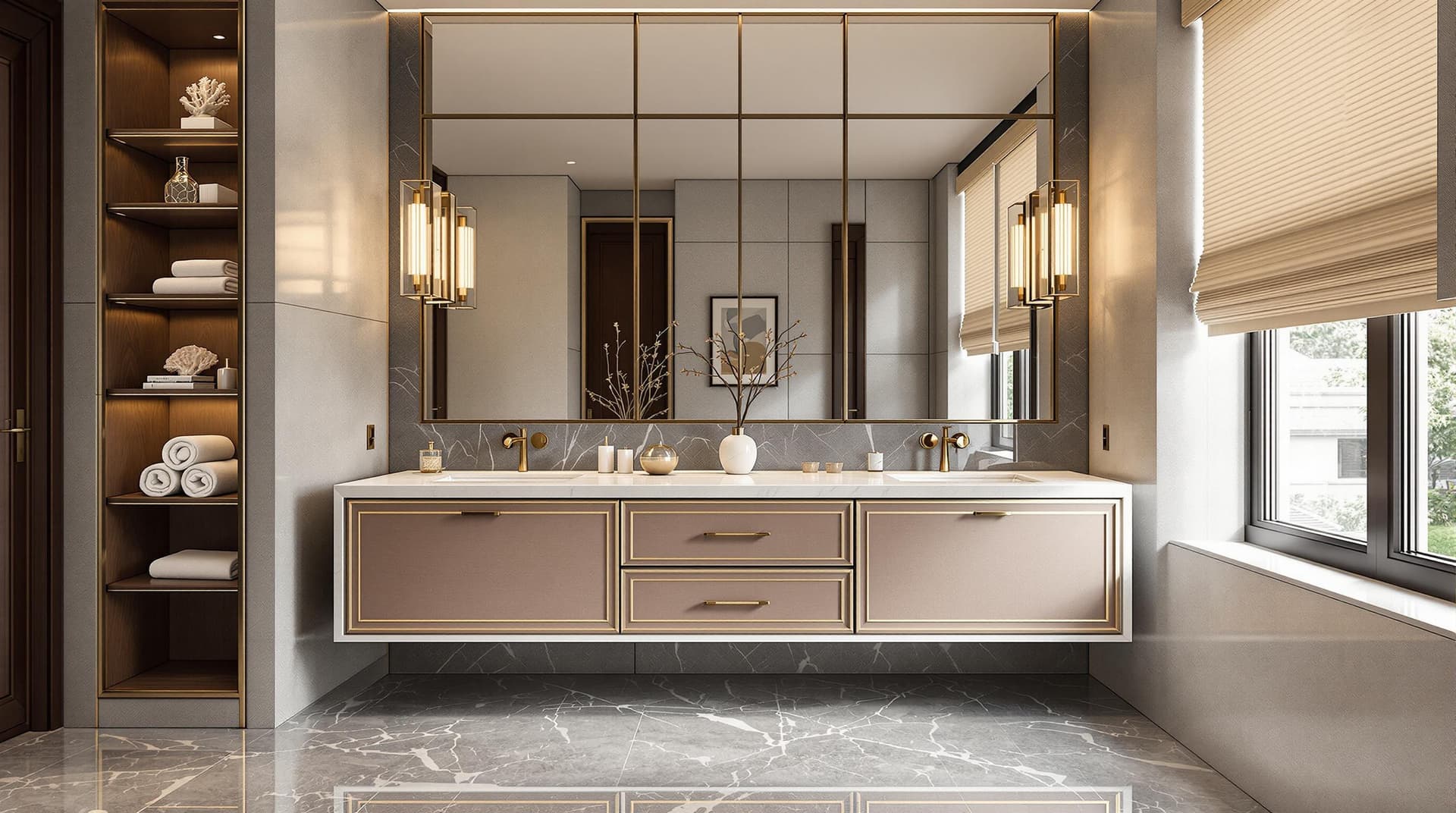 AI generated: High wide angle, full shot, complete scene of a  clean-lined, structured, luxurious bathroom interio...