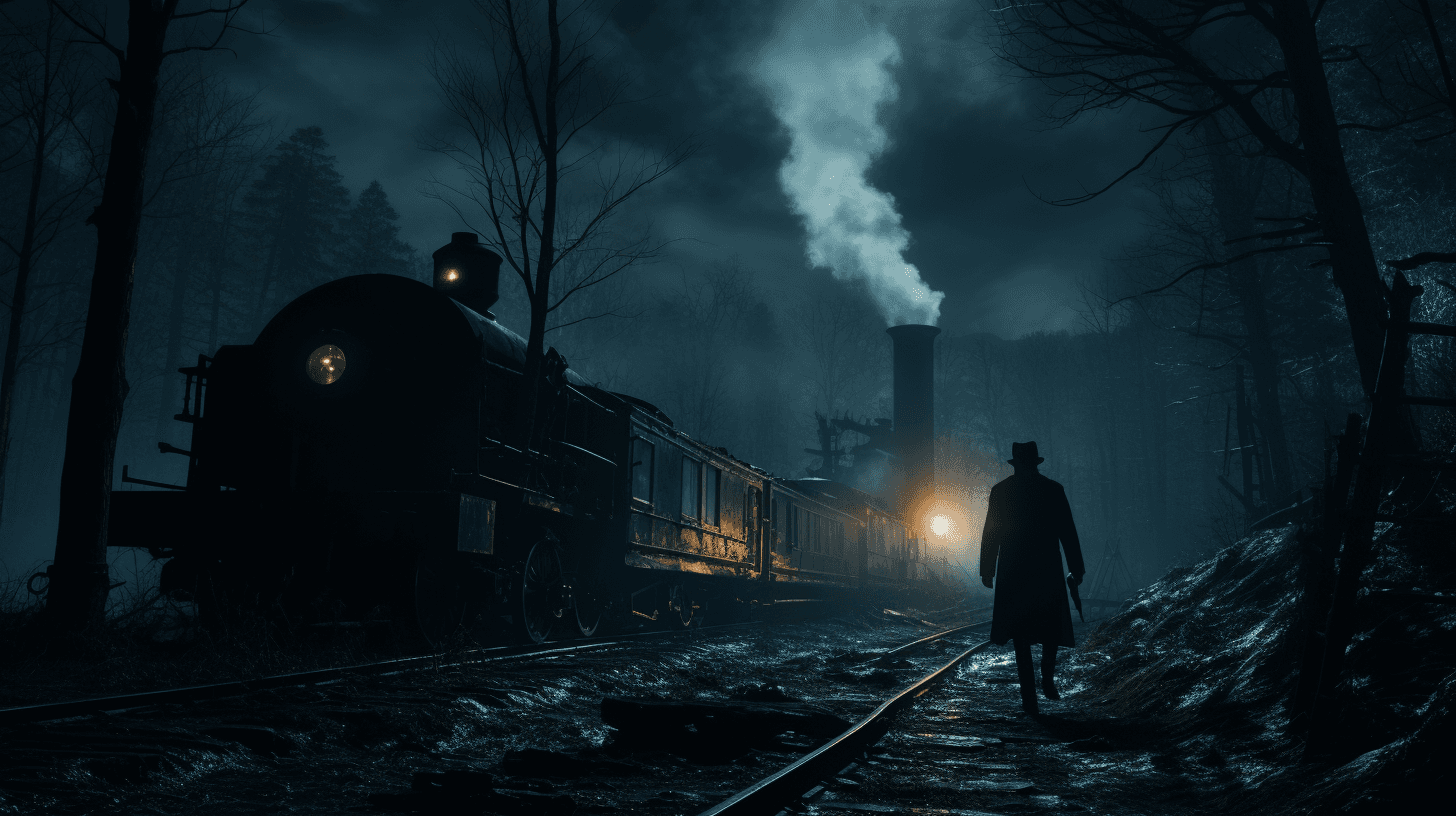 AI generated: cinematic scene , 1890, The dark figure of man holding a lantern while being backlighted by the loco...