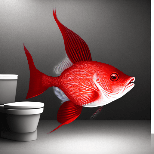 AI generated:  red fish ::1 reading the newspaper sit on a toilet, white lights, white tones, white wall, mirror b...