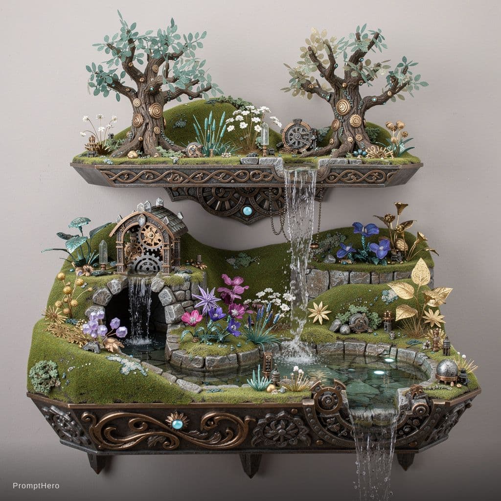 AI generated: **Prompt for AI:**

Create a highly detailed description of a large-scale, miniature living biospher...