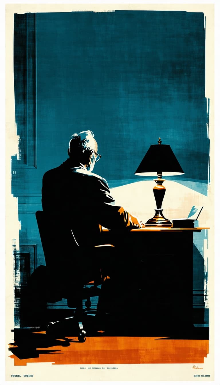 AI generated: [An elderly man seen from behind,sitting at a desk under a single lamp, book cover illustration,]
il...