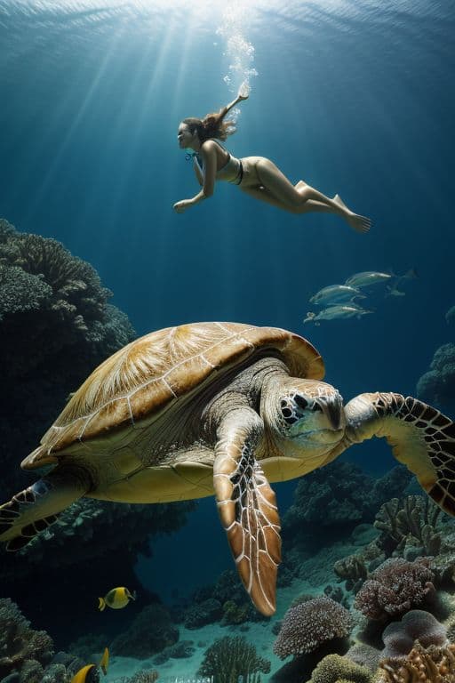 AI generated: girls swiming with turtles in the tropic of the blue ocean 