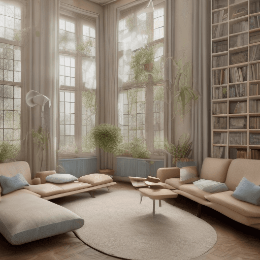 AI generated: High resolution photography interior design, dreamy sunken living room conversation pit, wooden floo...