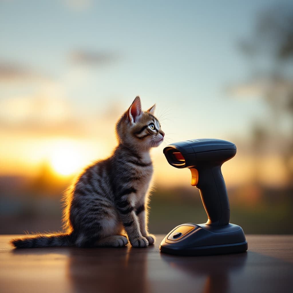 AI generated: ultra-realistic image of a kitten next to a barcode scanner sunset side view —ar 4:6
The image of th...