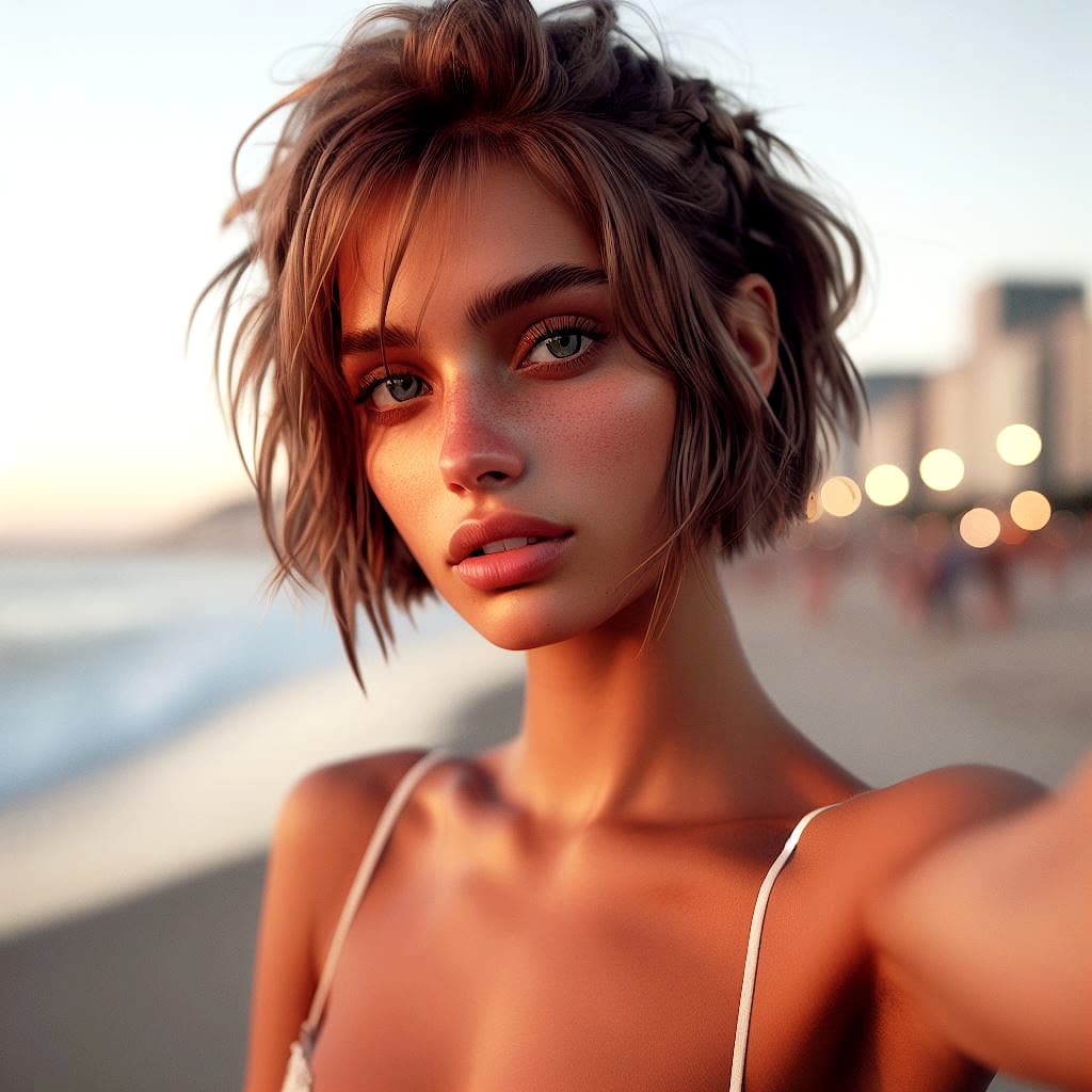 AI generated: hyper realistic waist up selfie portrait of a brazilian woman with short light brown messy braided h...