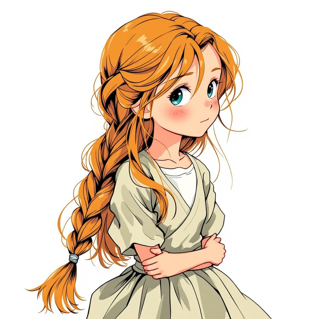 AI generated: retro ghibli style,a young girl with golden hair tide back into a simple braid, wearing a humble dre...
