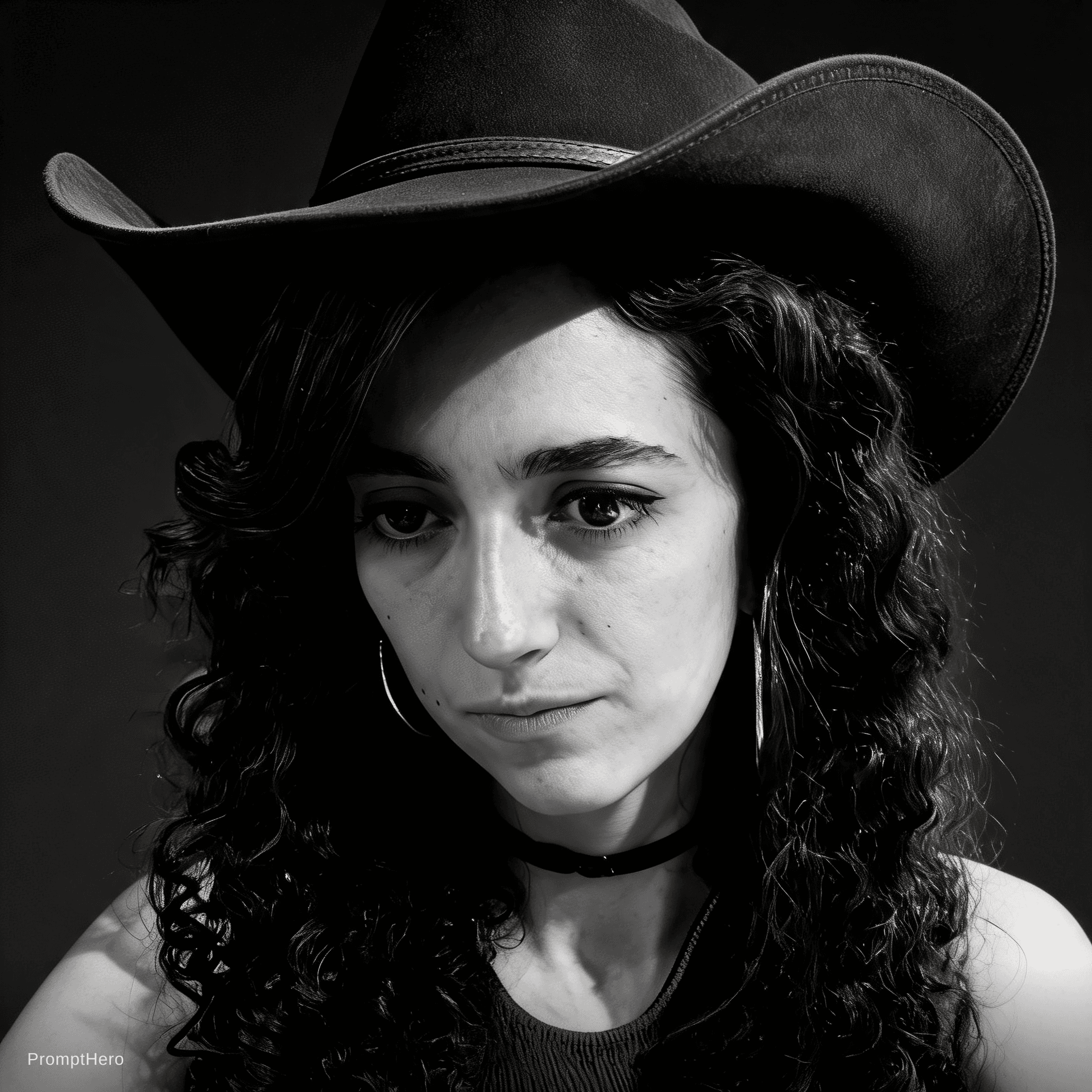AI generated: A striking, high-contrast black and white portrait of a woman, keep face of the attached photo, shot...