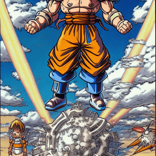 AI generated: Toriyama Akira's comic IP Goku, with white angel wings behind him and an angel ring on his head, wav...