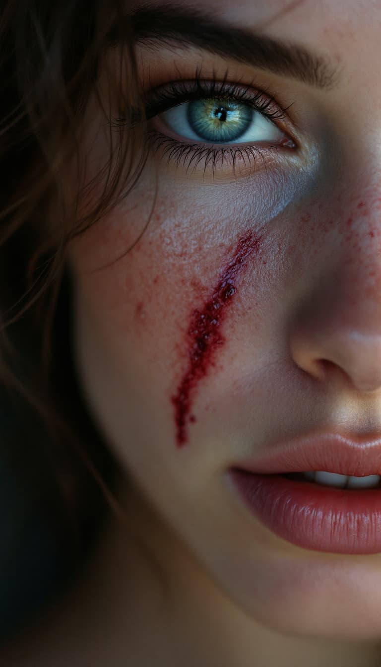 AI generated: high-resolution photograph, woman, ugly scar in the face, stunning use of shadows, in the syle of cr...