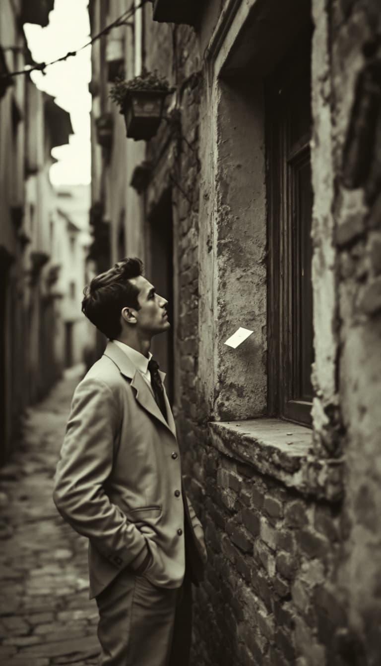 AI generated: A young man from the 1950s standing outside an old Iranian house in the narrow alley. The window of ...