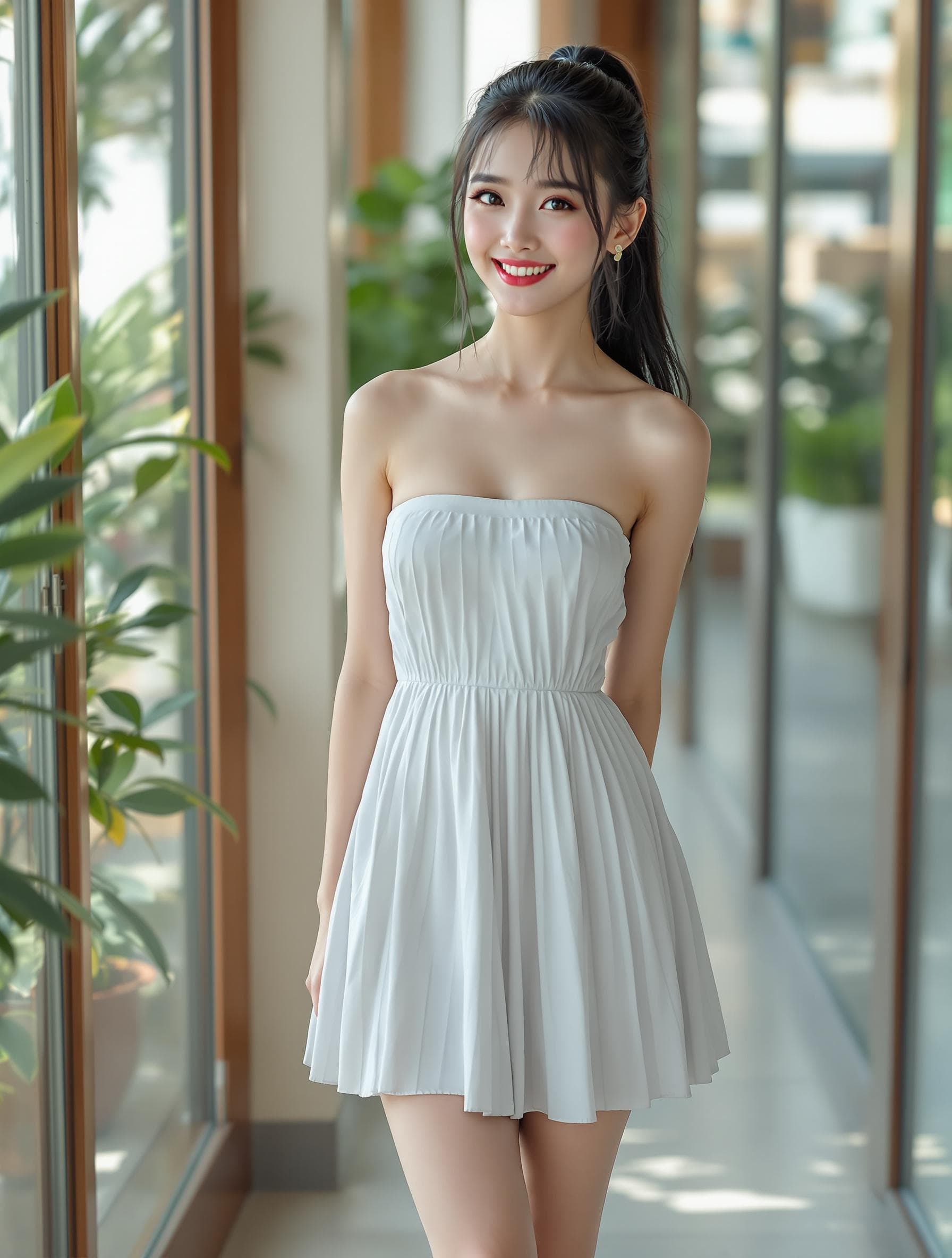 AI generated: photorealism, Vietnamese women, young girl, mid shot, standing split, black hair, ponytail, wearing ...