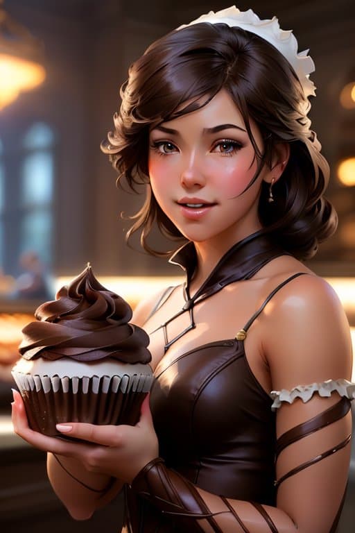 AI generated: a ( ( girl as personification of chocolate cupcake ) ), beauty, fantasy bakery, digital painting by ...