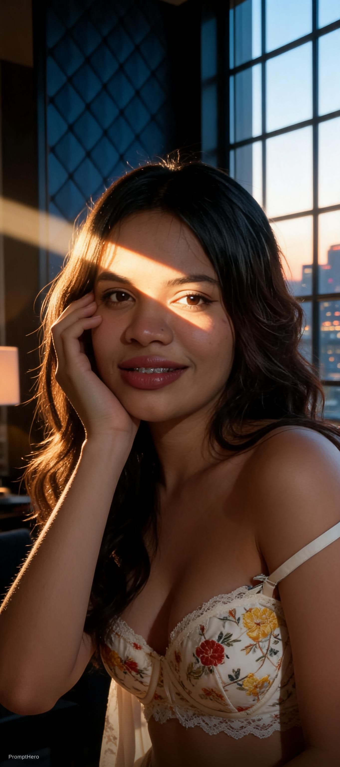 AI generated: A cinematic photorealistic boudoir portrait of a beautiful Asian woman kneeling on a bed. She is wea...