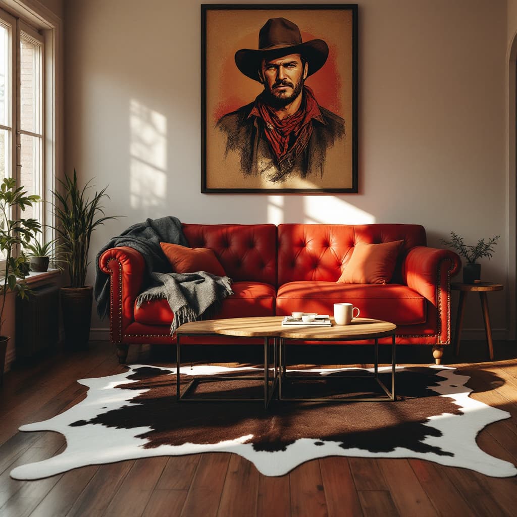 AI generated: photograph, comfy living room, morning, wood floor, cowhide rug, John Wayne illustration art frame, ...