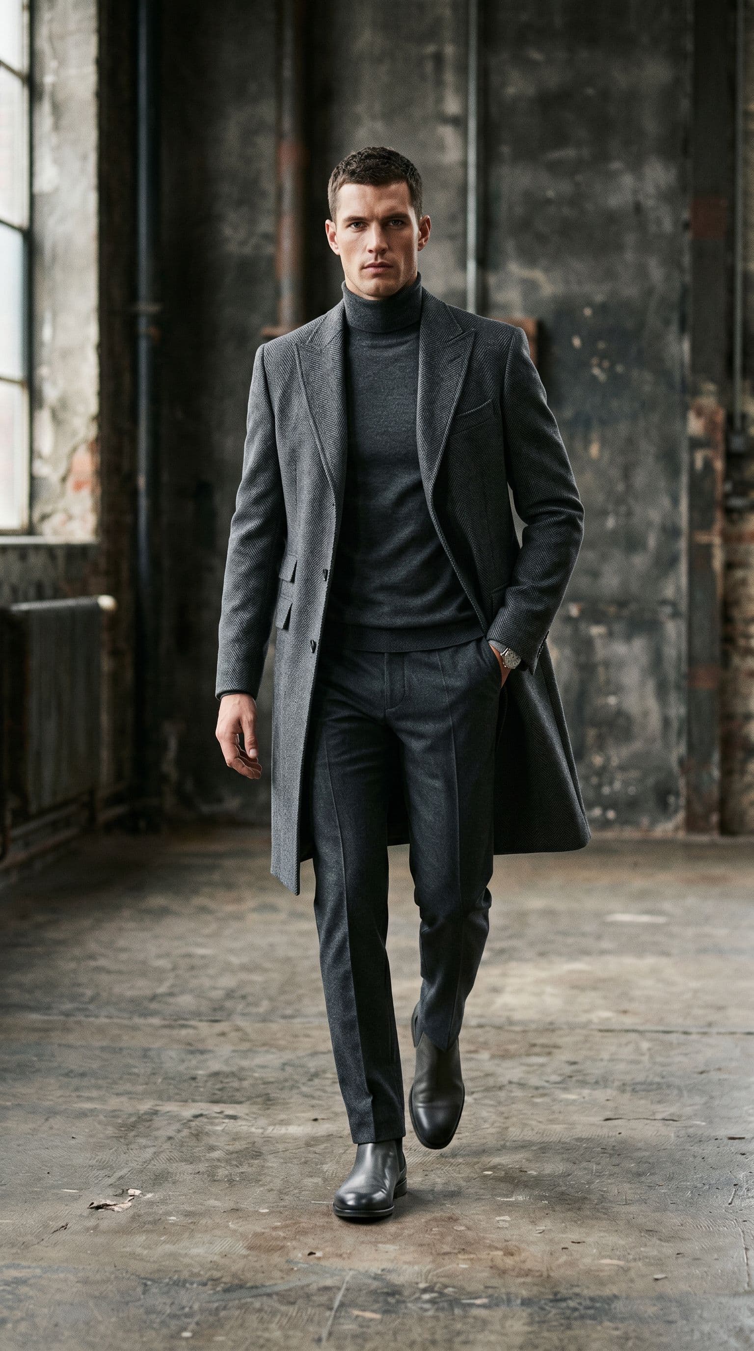 AI generated: Create a fashion image of a male model dressed in a long, tailored coat layered over a monochrome ou...