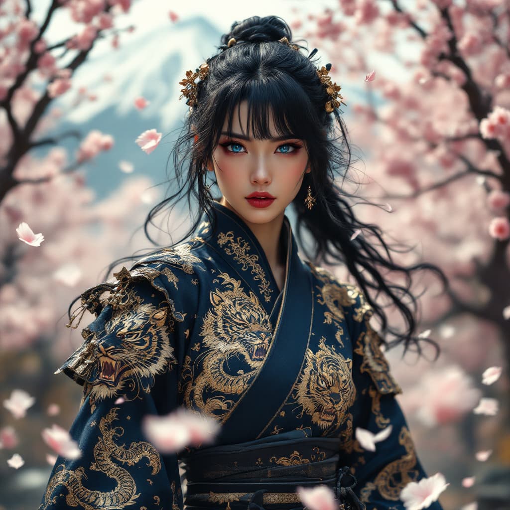 AI generated: a extremely realistic and  beautiful and physically fit Japanese kunoichi, with  curly jet black hai...
