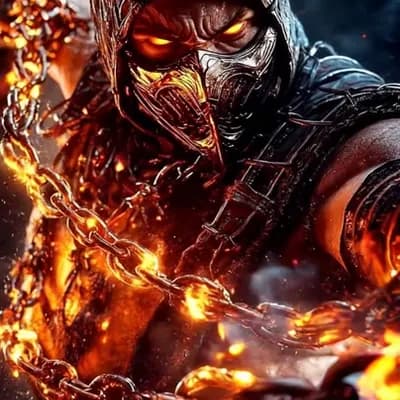 AI generated video: A fierce warrior with glowing eyes and fiery chains striking forward with embers swirling around, cl...