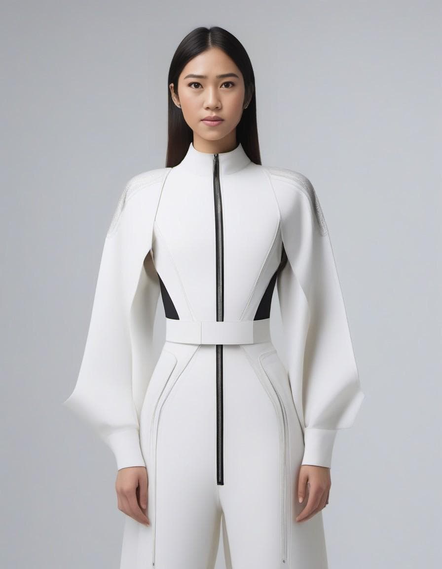 AI generated: Craft a fashion concept that blends futuristic aesthetics with nomadic influences. Envision garments...