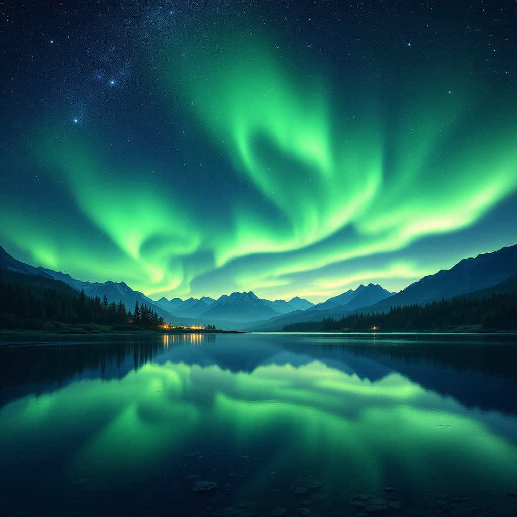 AI generated: Aurora，night sky，starry sky，lake，reflection
mountain range，dreamlike light，green，light，壮丽日出，反射，科幻氛围，...