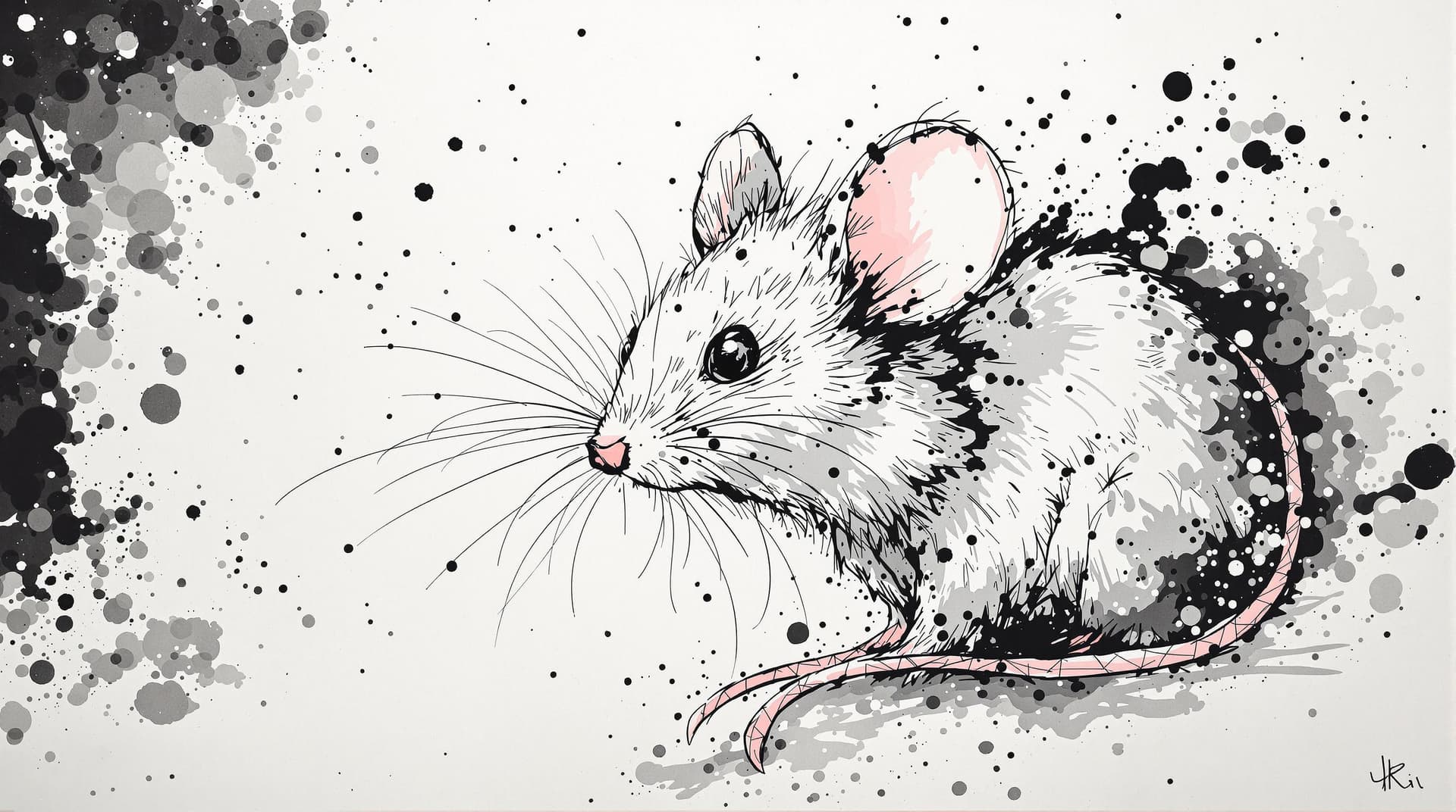 AI generated: cute Mouse, detailed,ink style,Ink splash art on the background,ink style,The whole is on the right，...