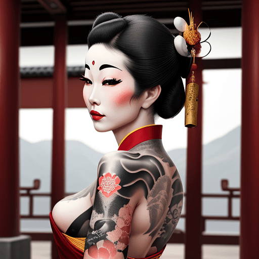 AI generated: a tattooed geisha in a buddhist temple