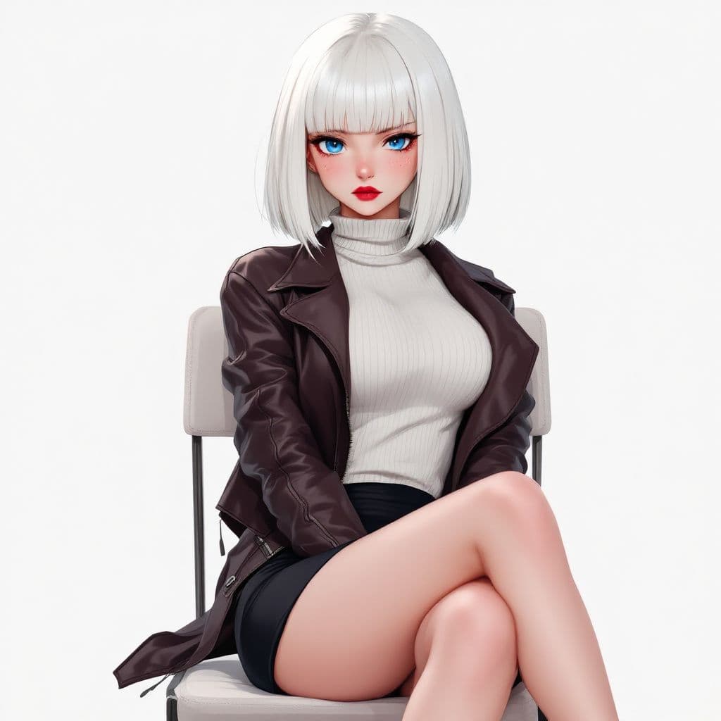 AI generated: anime, woman, white hair, bob cut, straight bangs, blue eyes, freckles, red lips, white sweater, tig...