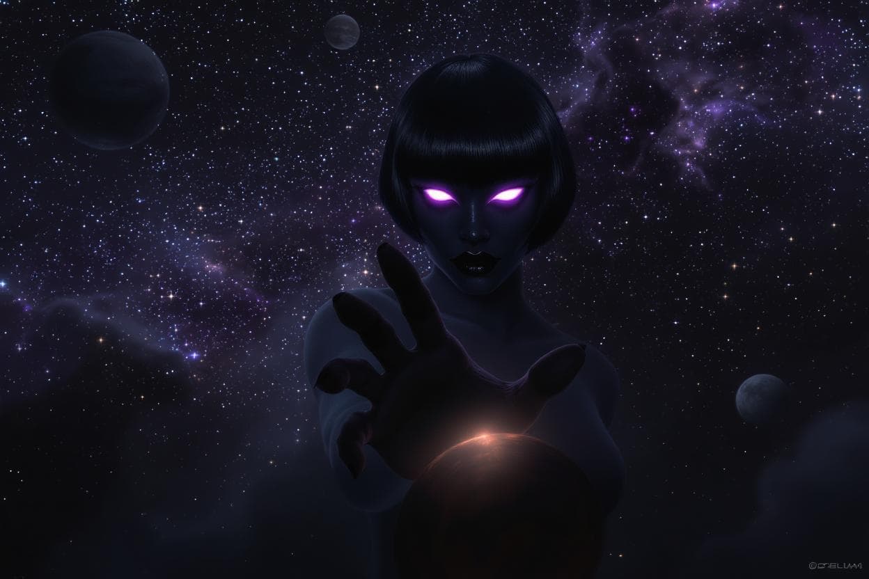 AI generated: The image depicts a massive, dark-haired figure with glowing purple eyes, reaching a large hand forw...