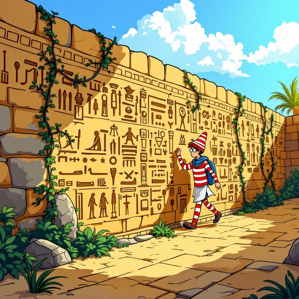 AI generated: 4:3 Draw a cartoon-style image showing a vividly detailed hieroglyphic wall made of stone and vines....