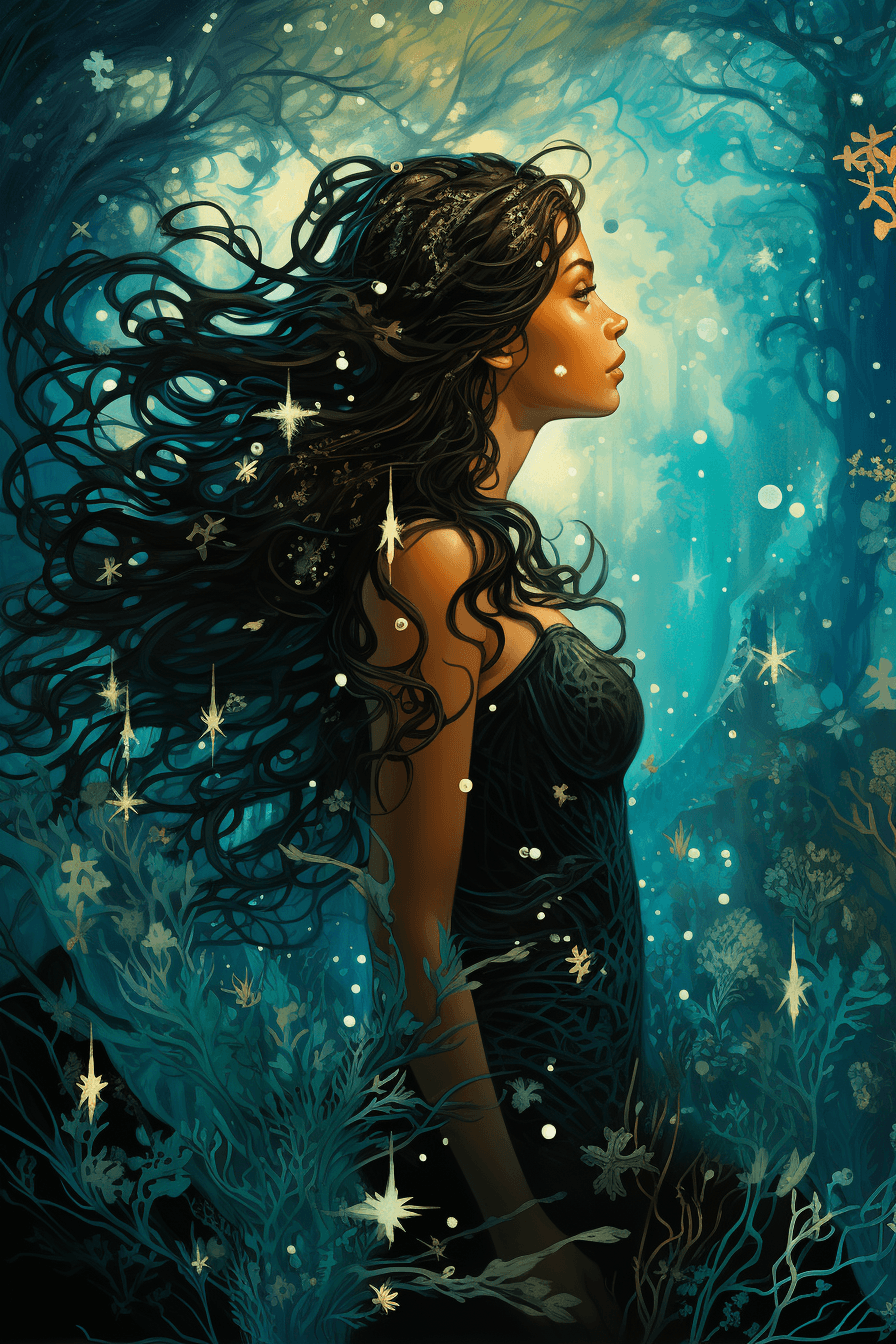 AI generated: A graceful mermaid with shimmering aquamarine scales and delicate sea coral patterns in the scales, ...